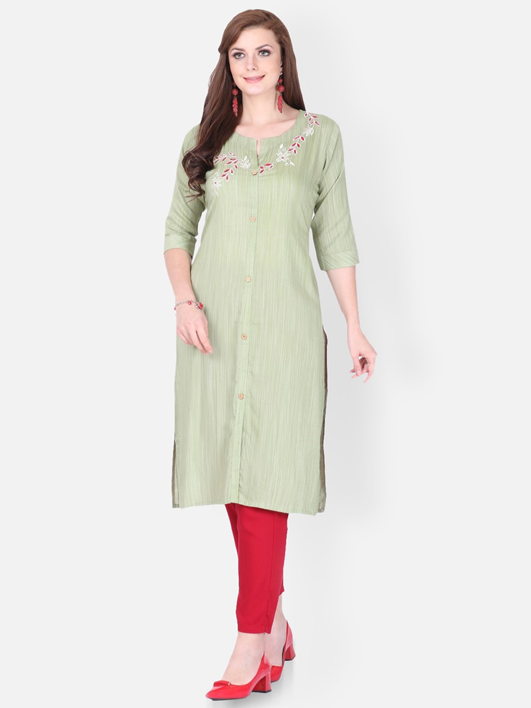 

FEMMIBELLA Floral Embroidered Thread Work Straight Kurta, Green