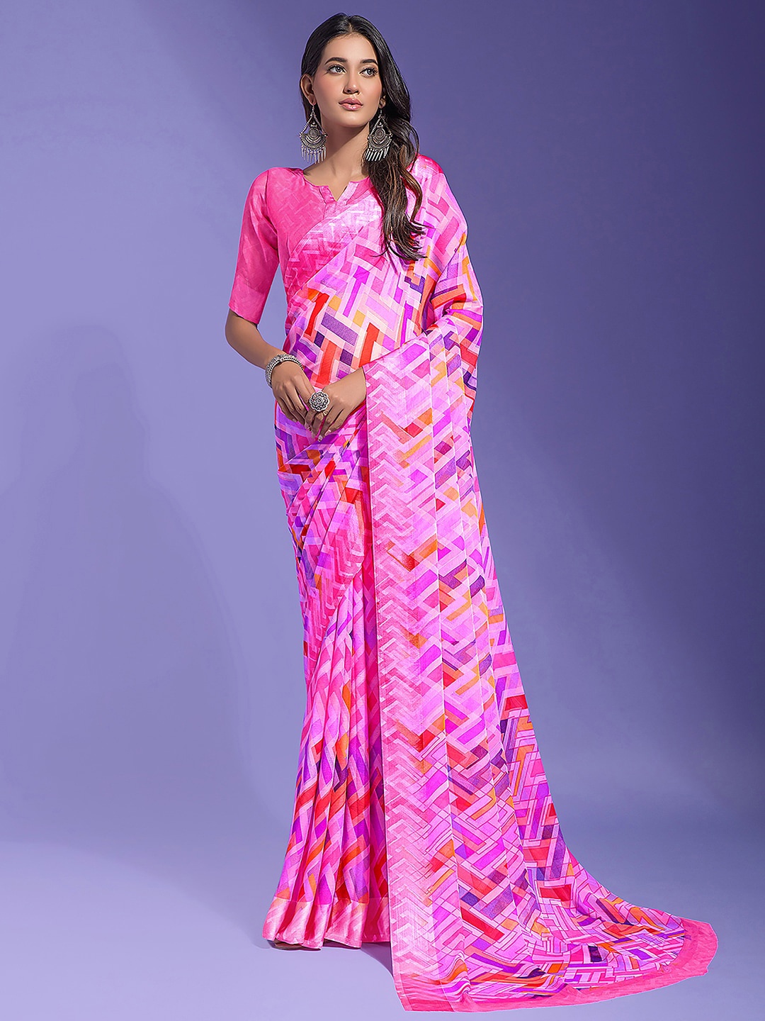 

Anouk Pure Chiffon Block Print Saree, Pink