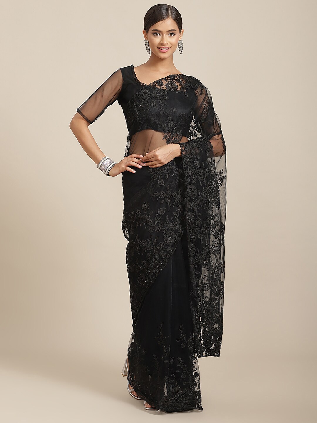 

Anouk Ethnic Motifs Embroidered Net Saree, Black