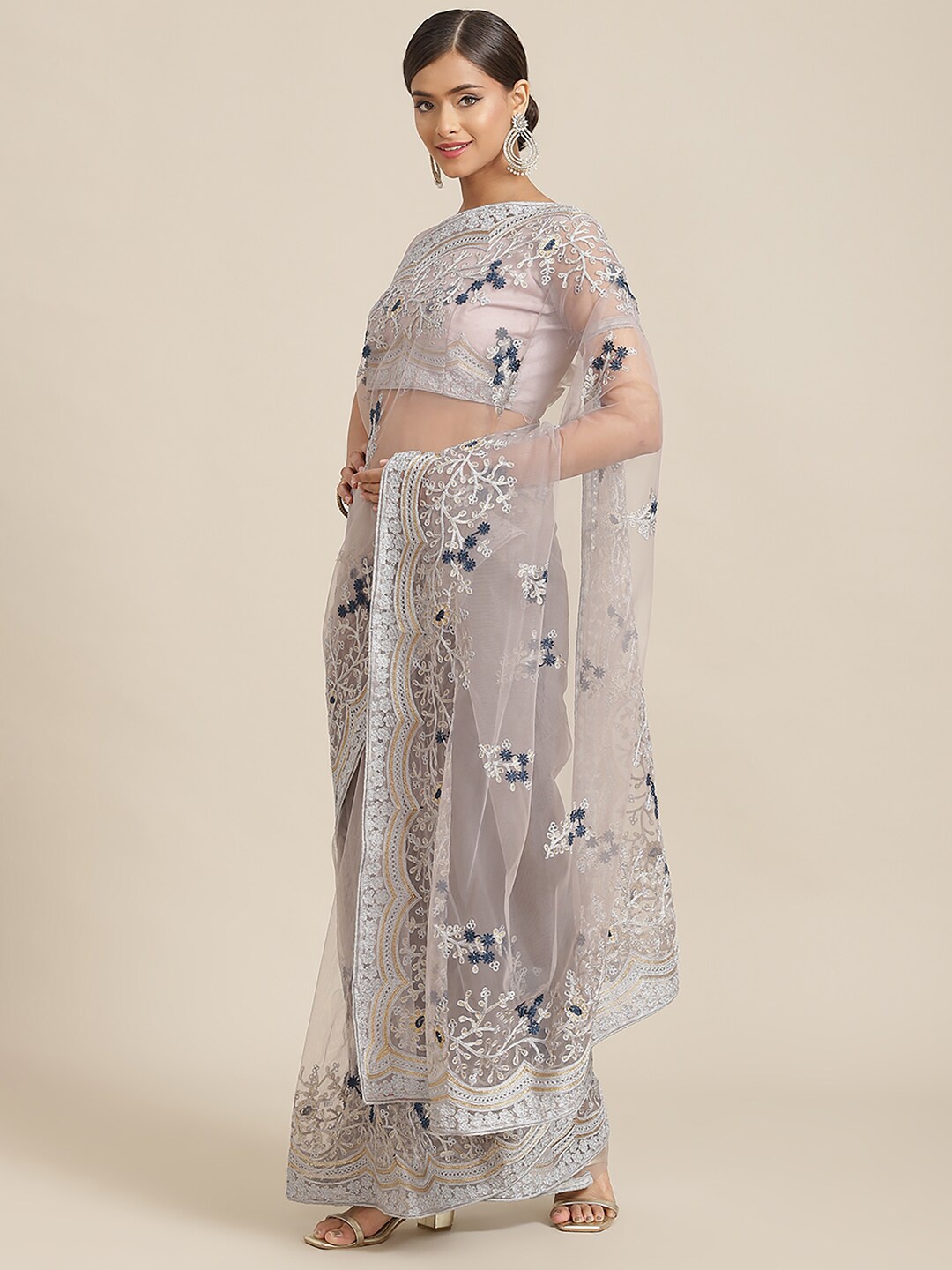 

Anouk Ethnic Motifs Embroidered Net Saree, Grey