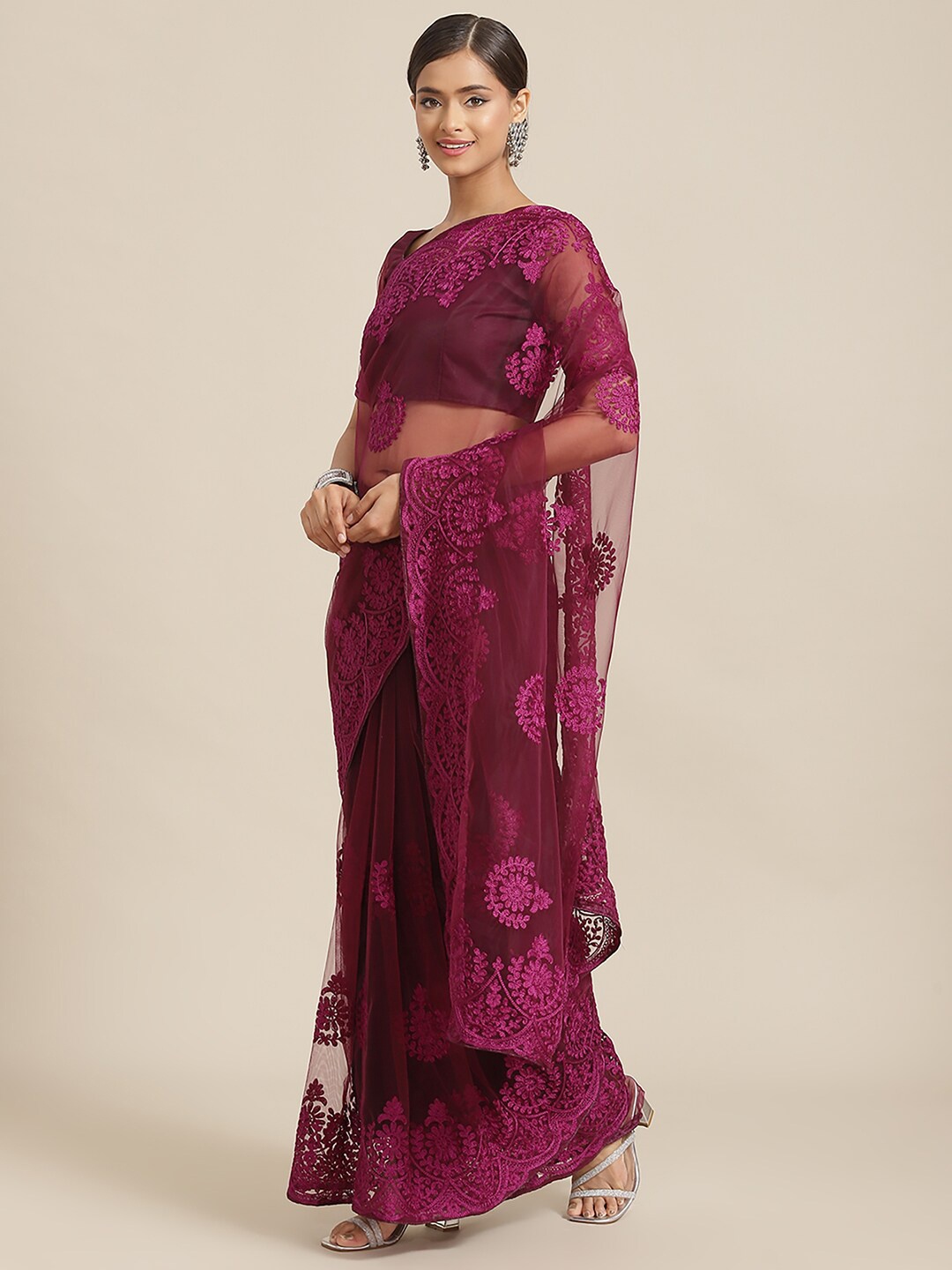 

Anouk Ethnic Motifs Embroidered Net Saree, Purple