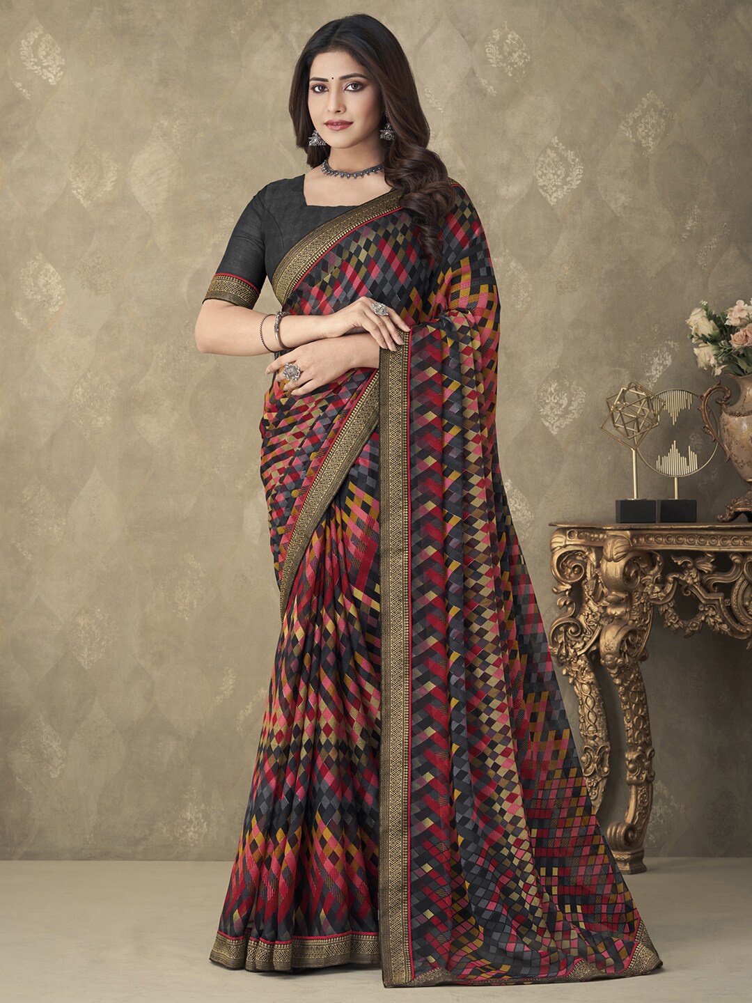 

Anouk Geometric Printed Saree, Navy blue