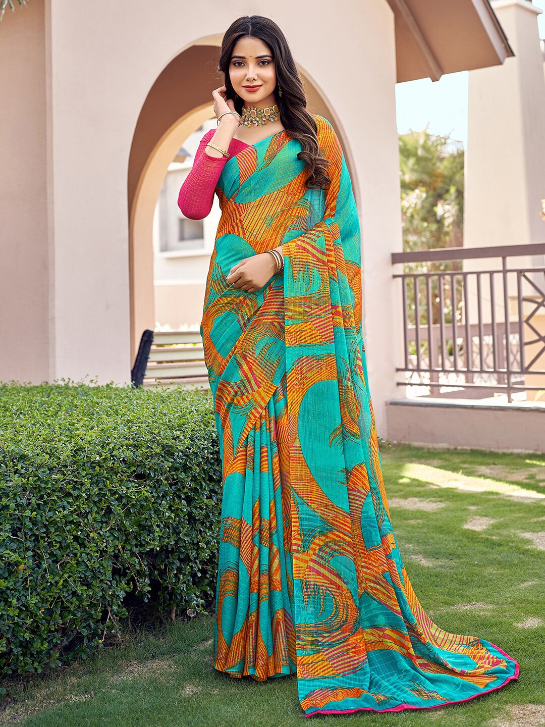 

Anouk Pure Chiffon Dabu Saree, Blue