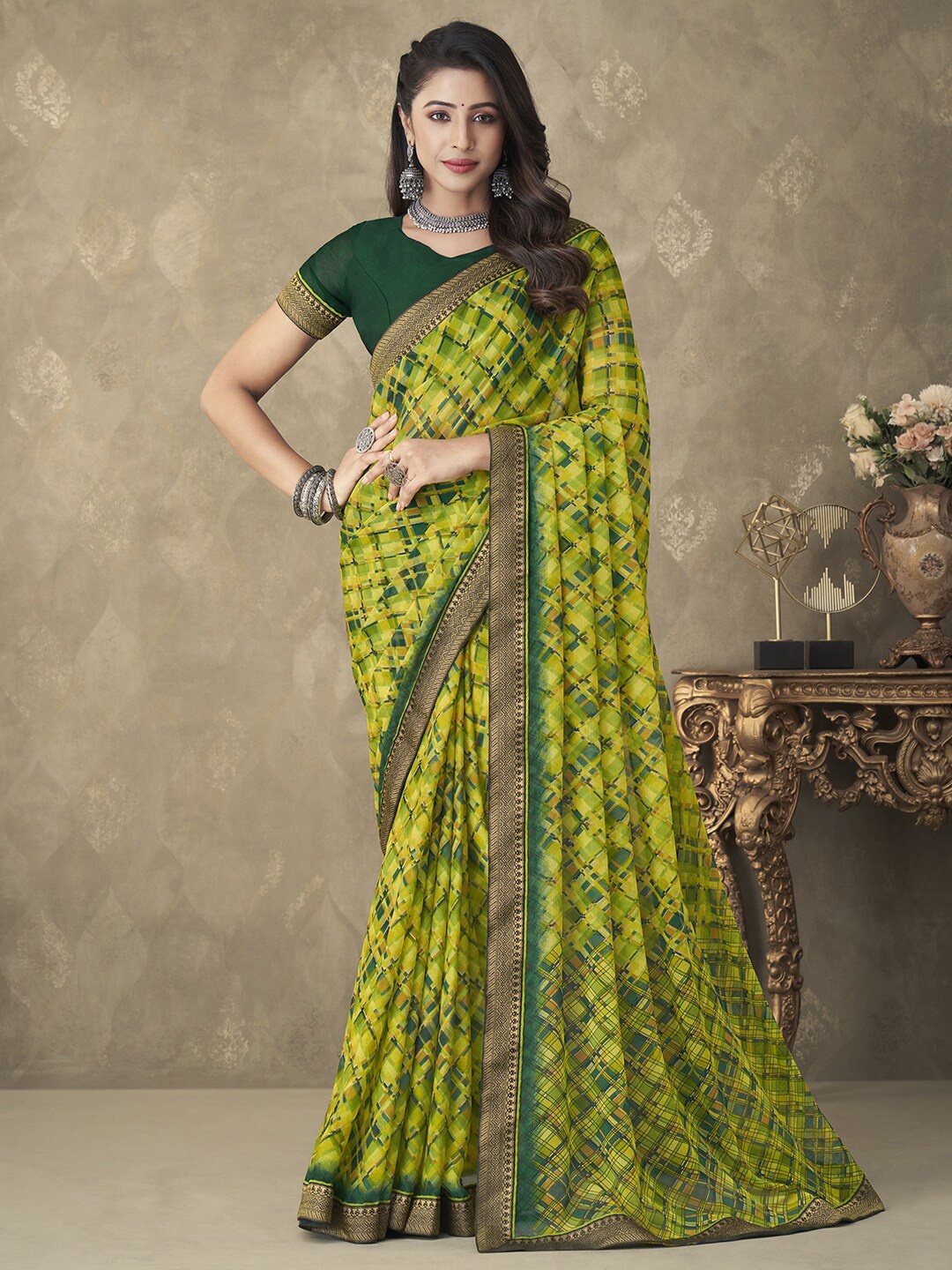 

Anouk Geometric Printed Pure Chiffon Block Print Saree, Green