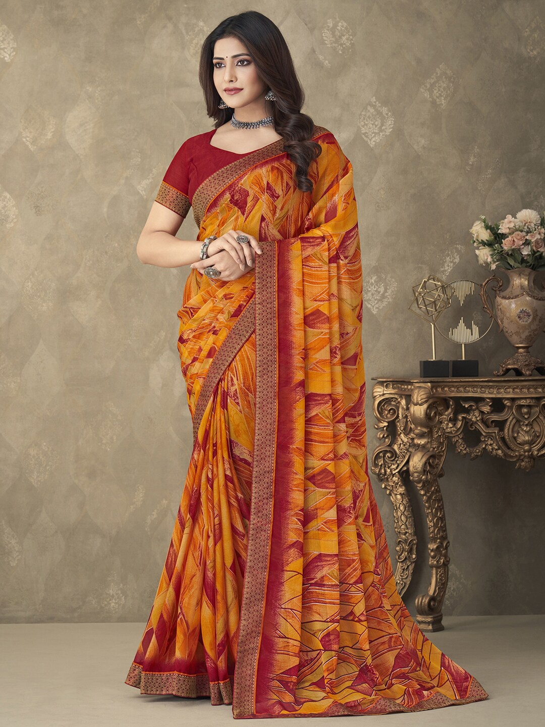 

Anouk Pure Chiffon Block Print Saree, Orange