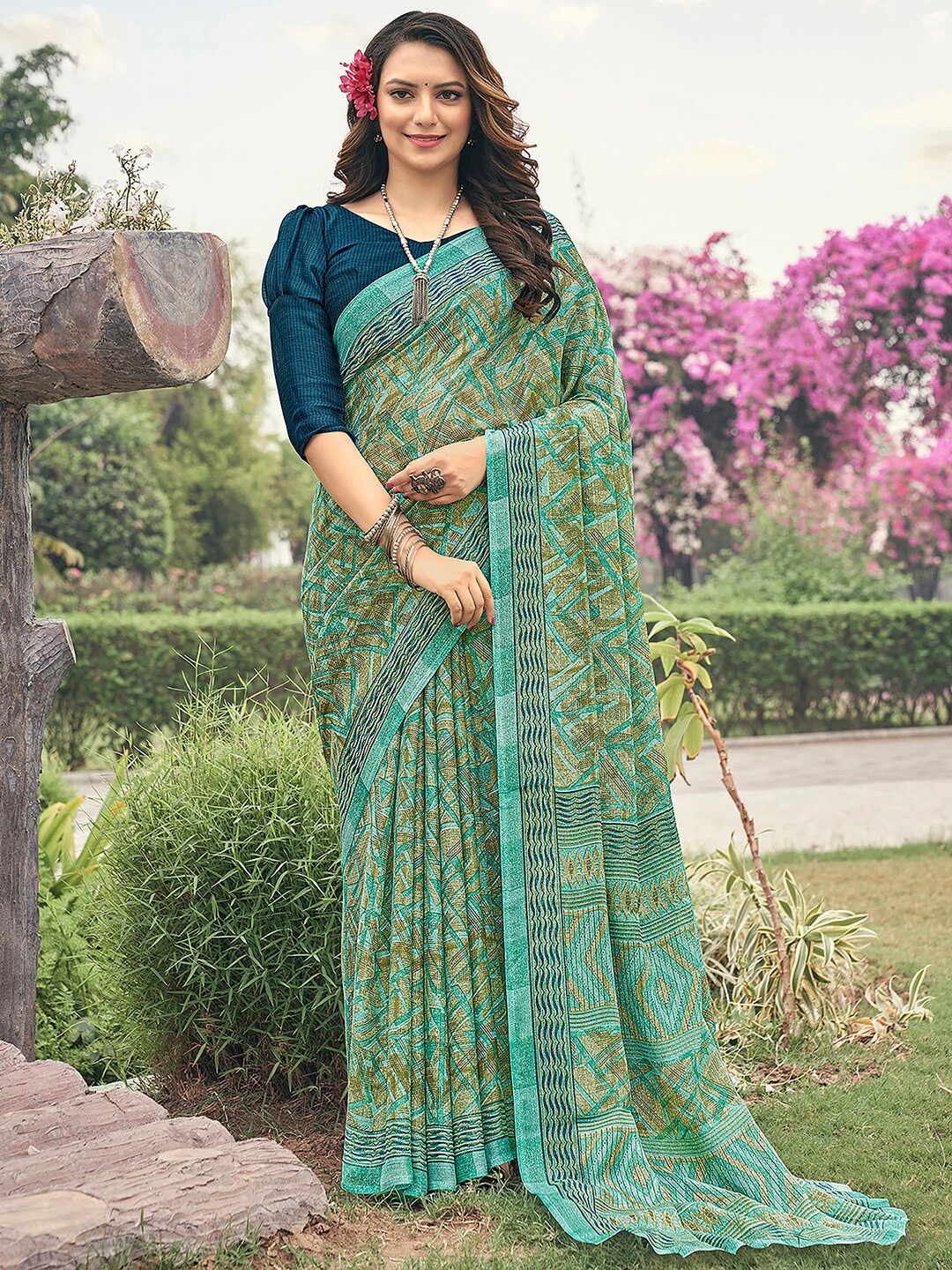 

Anouk Pure Chiffon Block Print Saree, Sea green