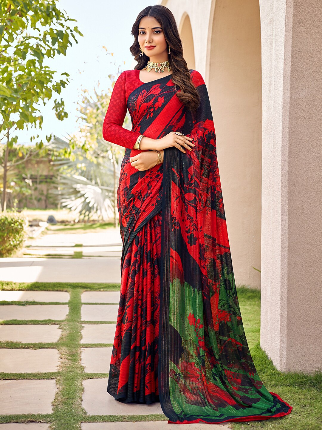 

Anouk Floral Printed Dabu Saree, Red