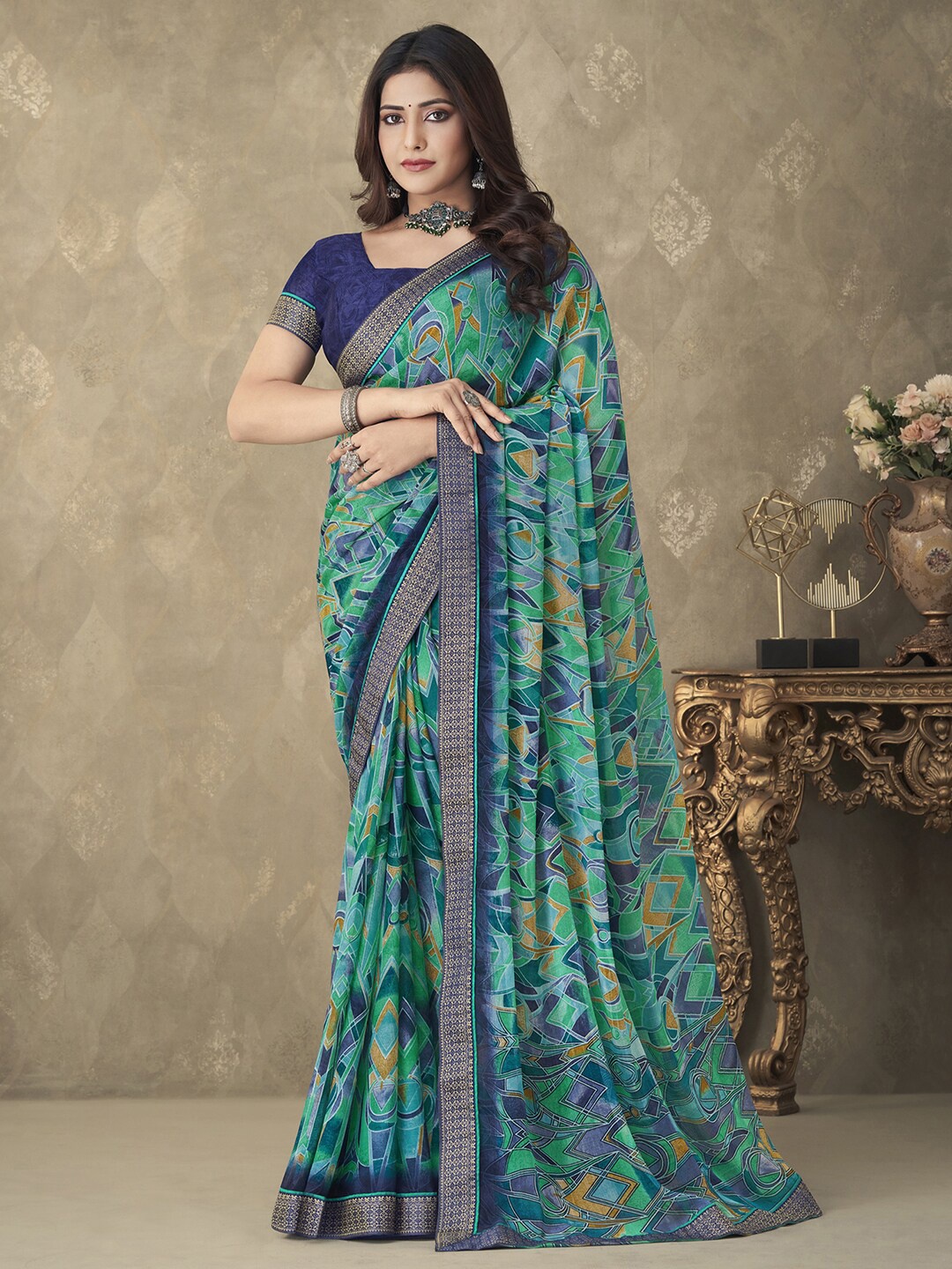 

Anouk Pure Chiffon Block Print Saree, Blue