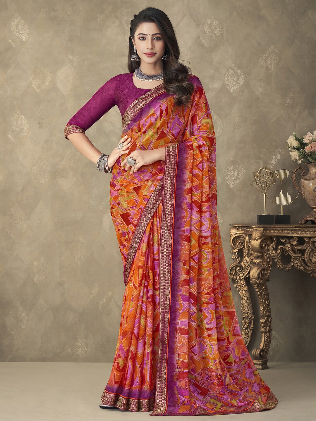 

Anouk Pure Chiffon Block Print Saree, Orange