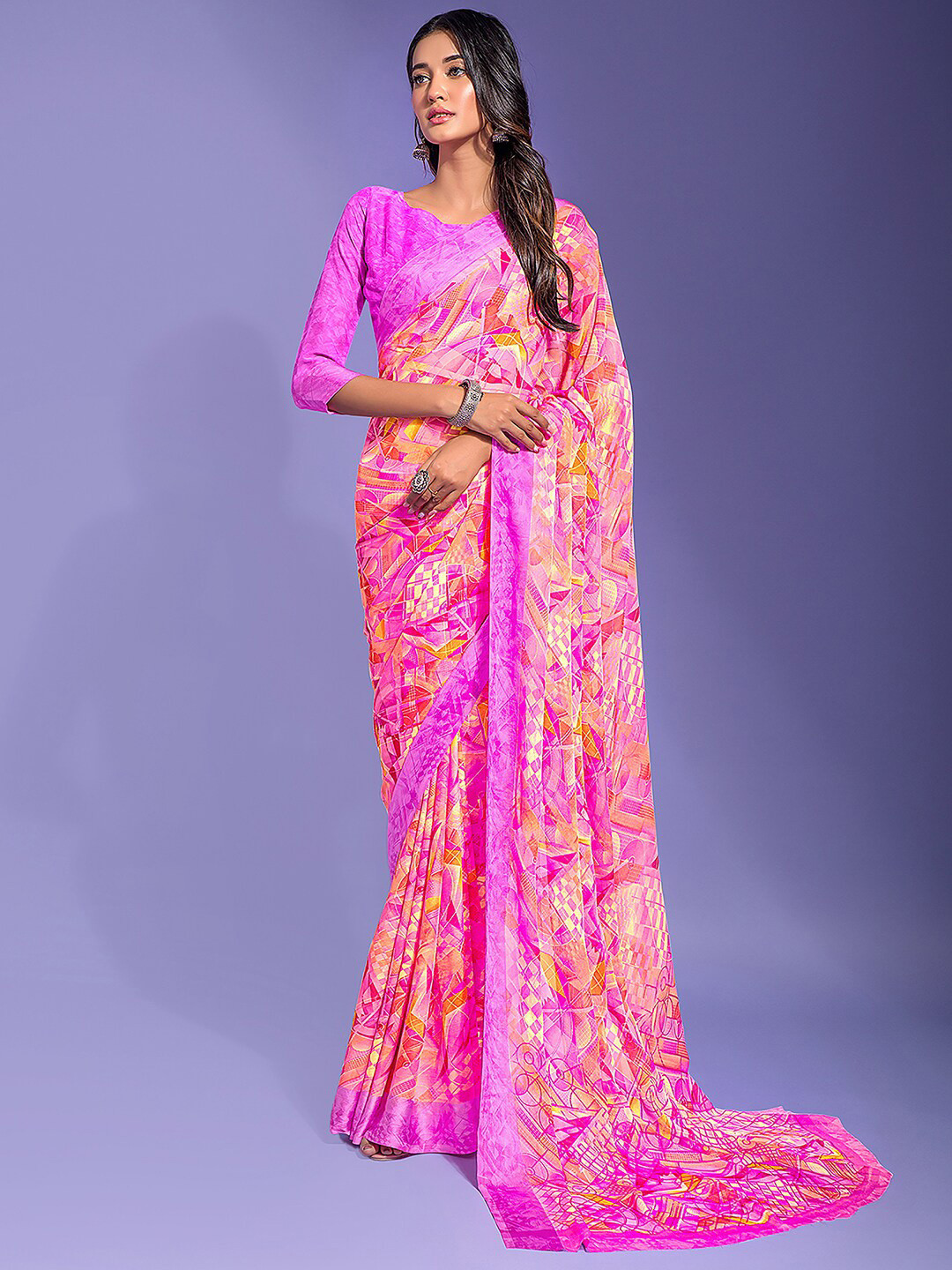 

Anouk Pure Chiffon Block Print Saree, Pink