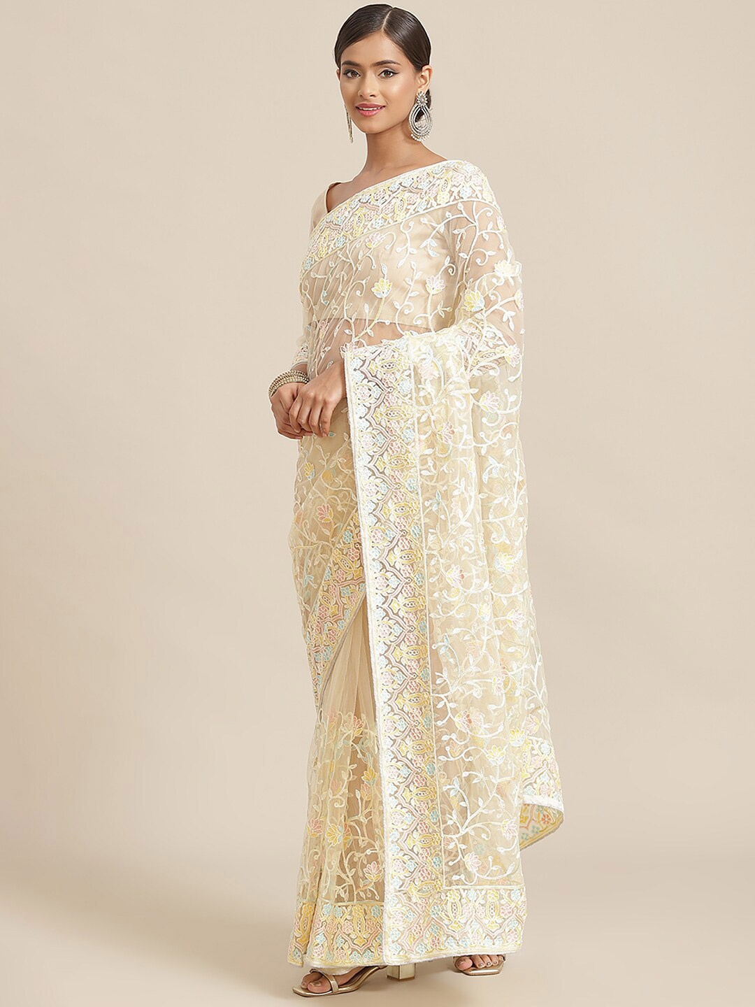 

Anouk Floral Embroidered Net Saree, Cream