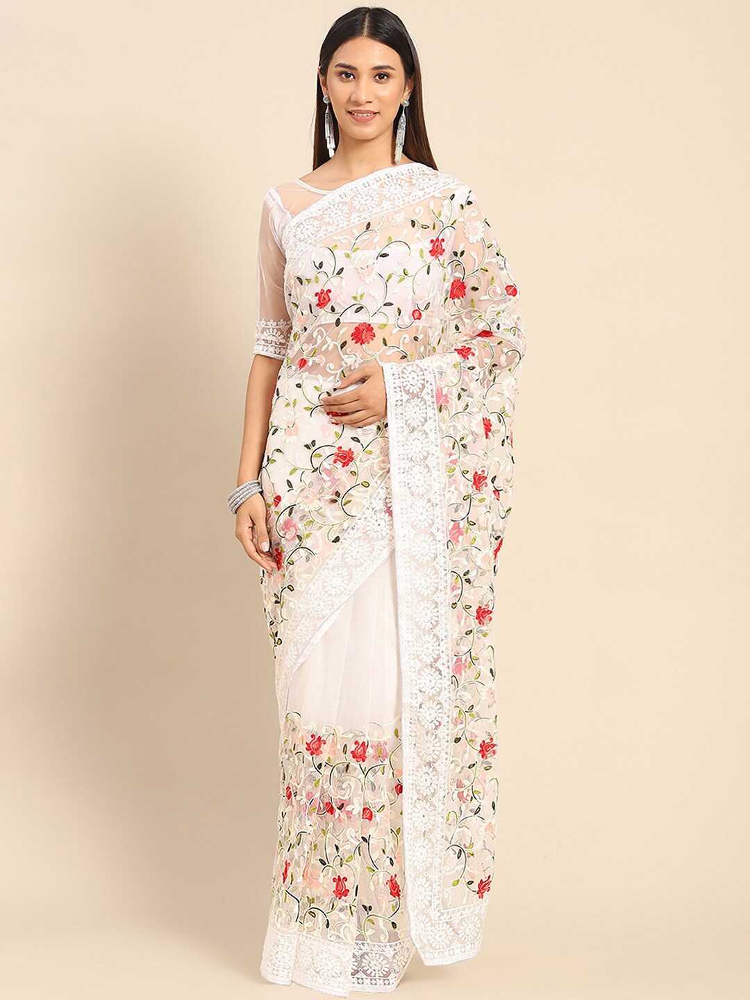 

Anouk Floral Embroidered Net Saree, White