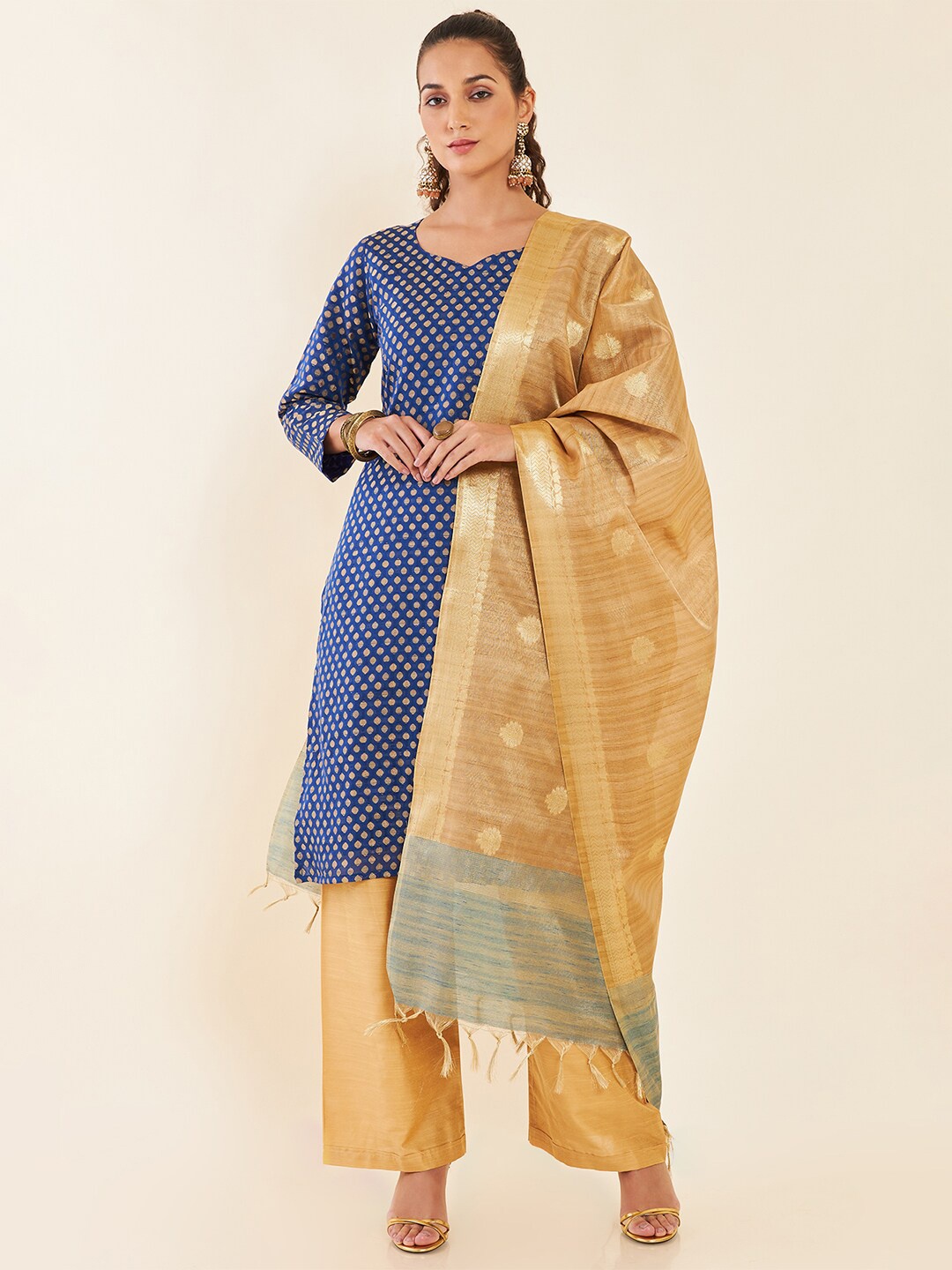 

Soch Blue & Gold-Toned Woven Design Zari Unstitched Dress Material