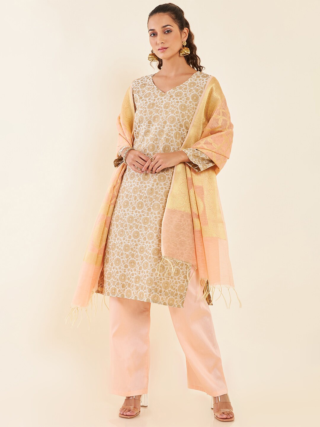 

Soch Beige & Peach Floral Printed Unstitched Dress Material