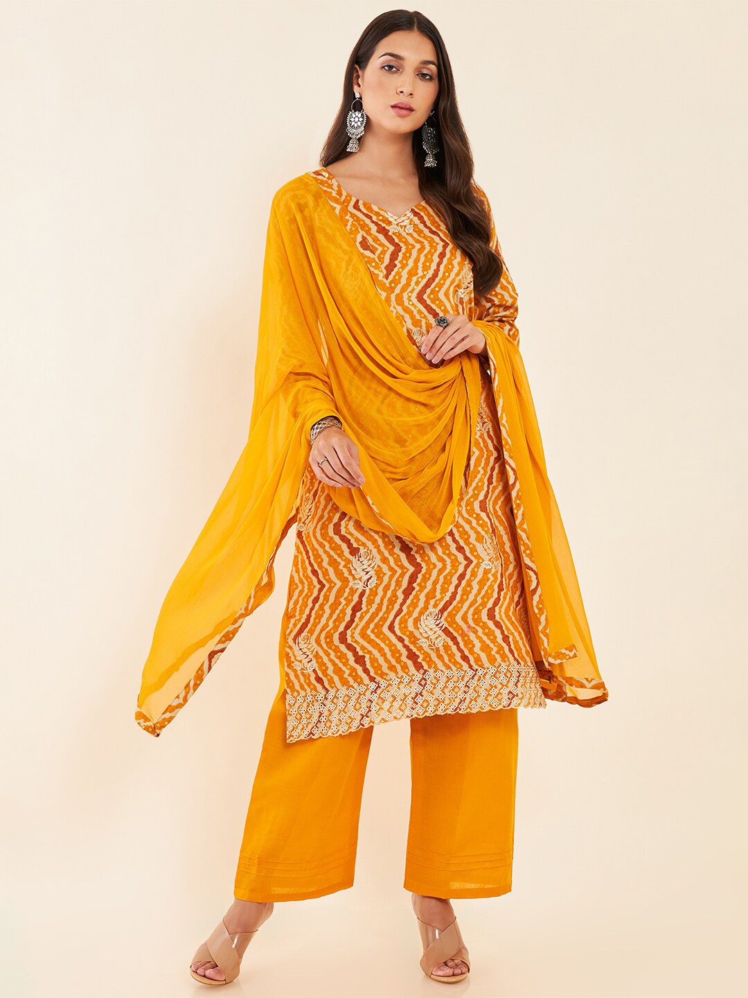 

Soch Mustard & Cream Chevron Printed Zari Pure Cotton Unstitched Dress Material