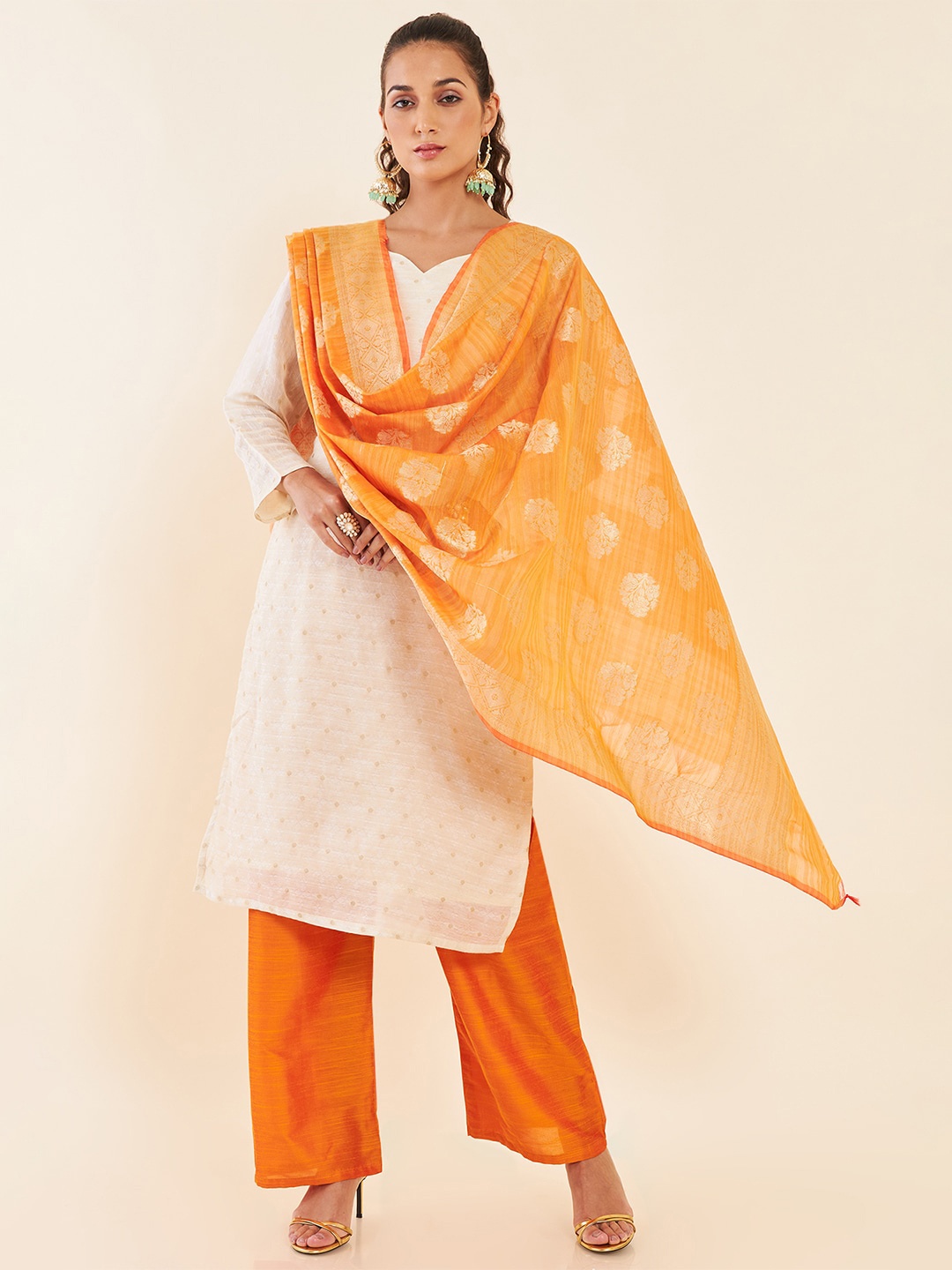 

Soch Cream-Coloured & Orange Woven Design Zari Unstitched Dress Material