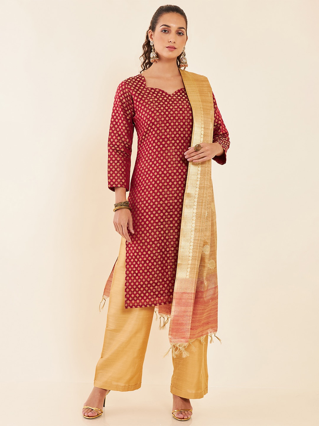 

Soch Red & Gold Woven Design Zari Unstitched Dress Material