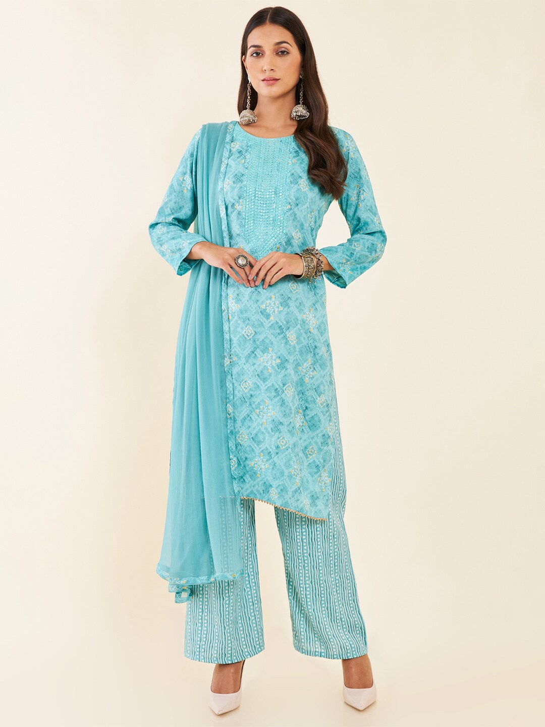 

Soch Ethnic Motifs Printed Unstitched Dress Material, Turquoise blue