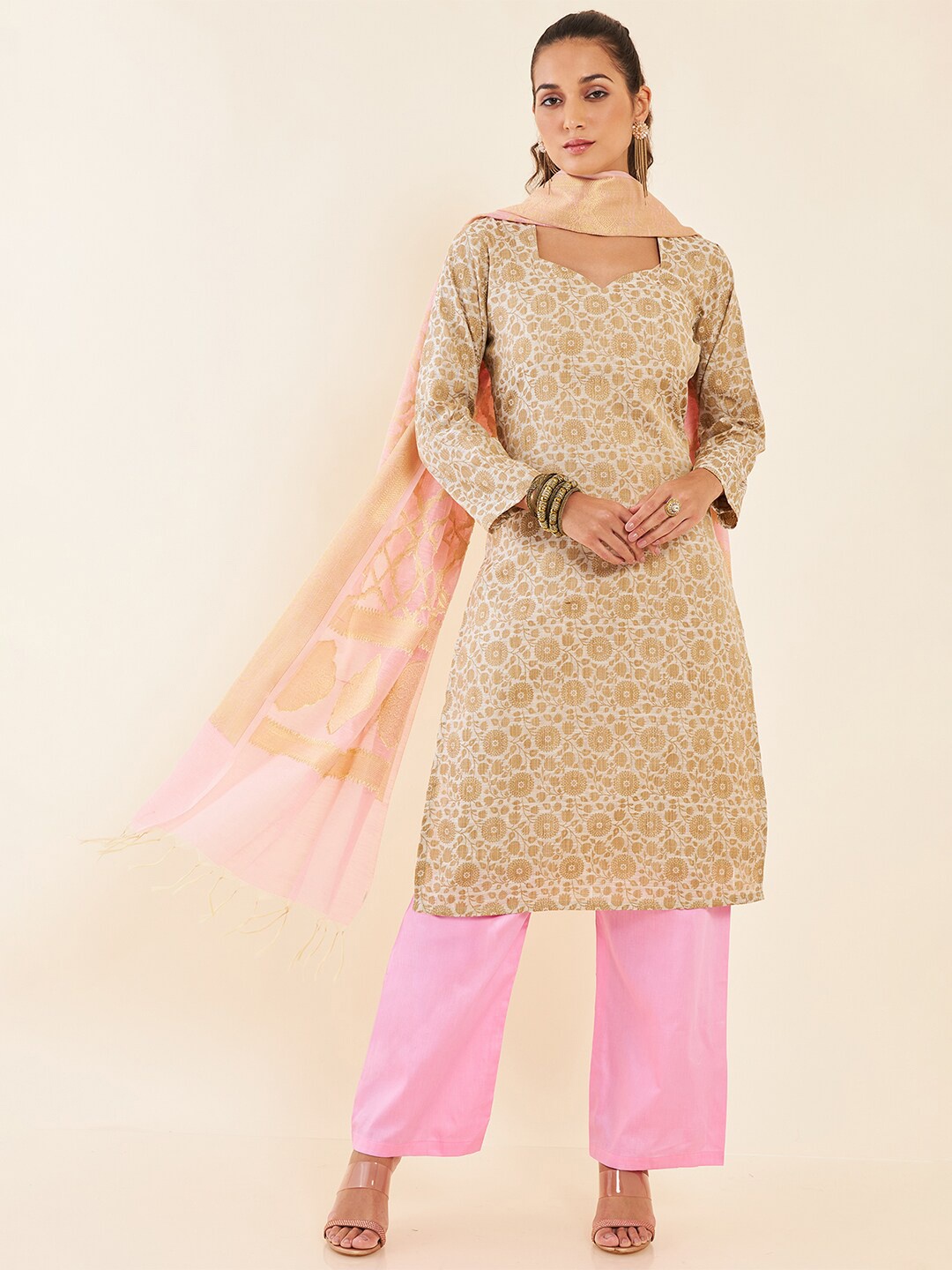 

Soch Floral Chanderi Unstitched Dress Material, Beige