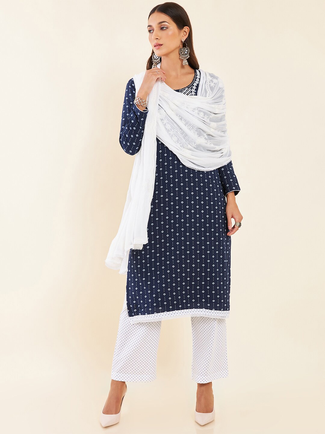 

Soch Embroidered Viscose Rayon Unstitched Dress Material, Navy blue