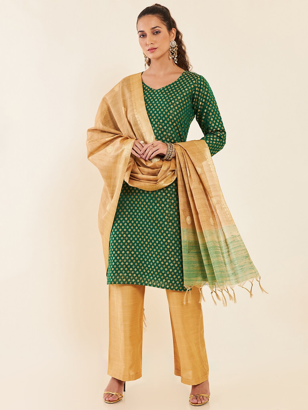 

Soch Green & Gold Woven Design Zari Unstitched Dress Material