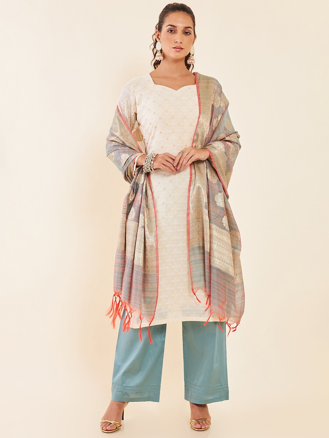 

Soch Zari Woven Designs Unstitched Dress Material, Cream