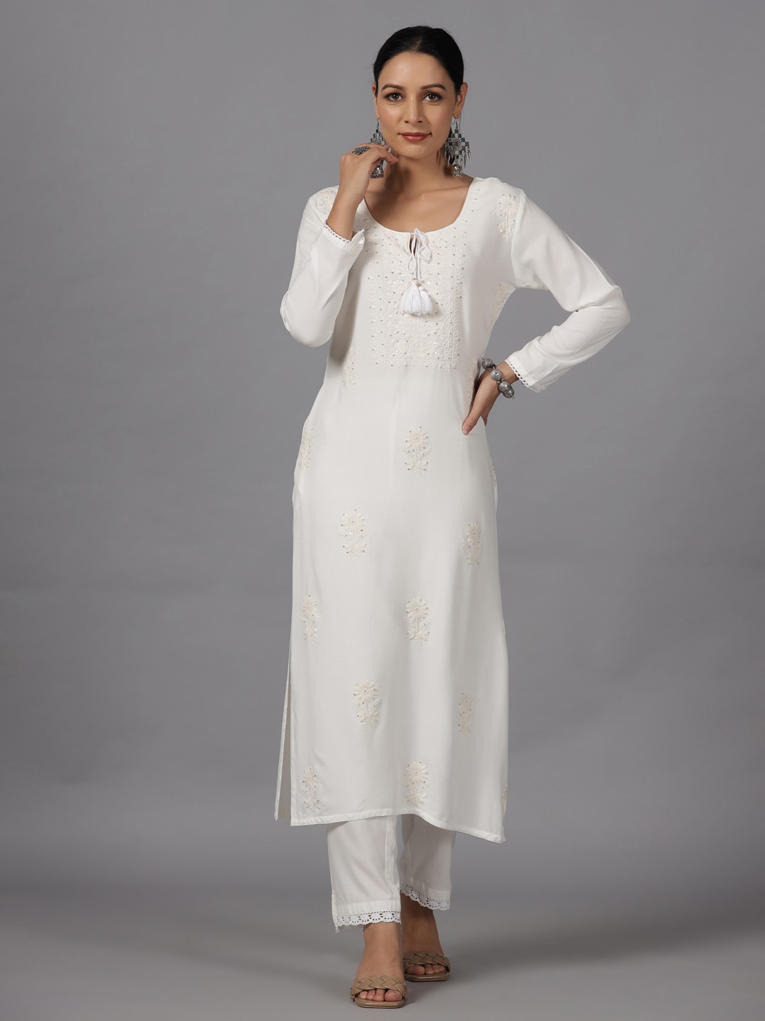 

Amchoor Floral Embroidered Sequined detail Tie-up neck Straight Kurta, White