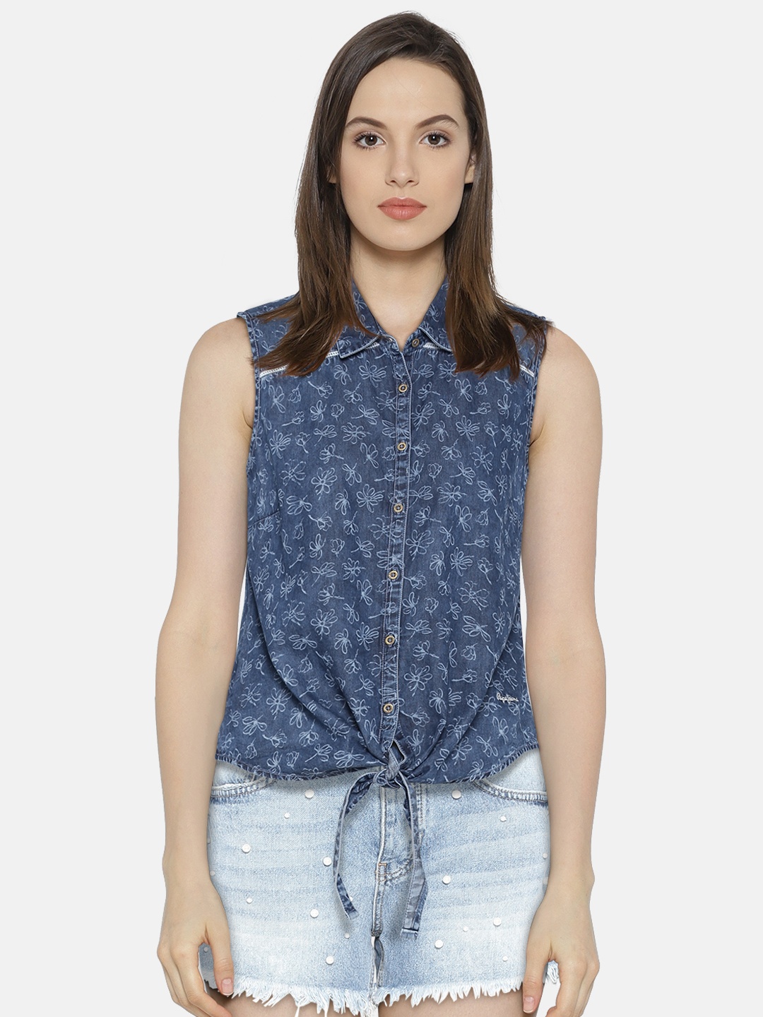 

Pepe Jeans Women Blue Regular Fit Printed Denim Casual Shirt