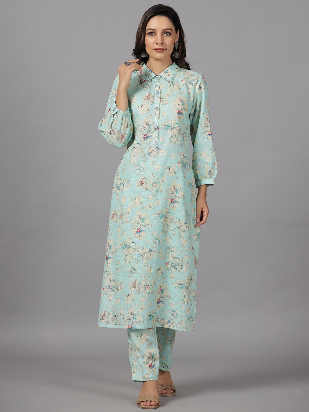 

Amchoor Floral Printed Puffed Sleeves Kurta With Trousers, Blue