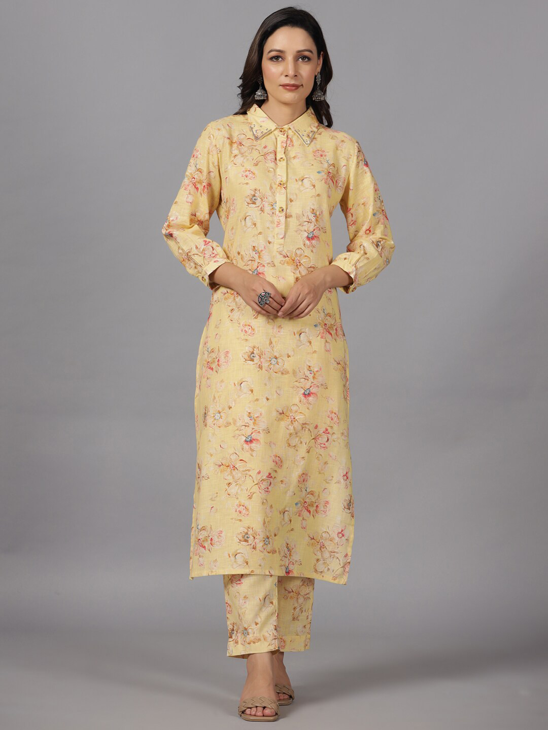 

Amchoor Floral Printed Shirt Collar Beads & Stones Detailed Pure Cotton Kurta Set, Yellow
