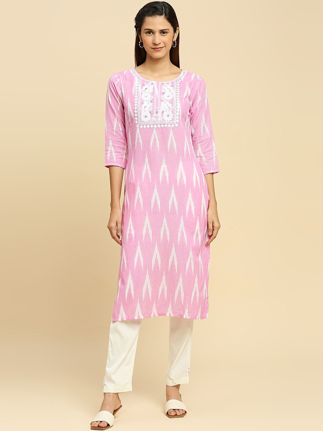 

INDYES Ikat Geometric Printed Cotton Kurta, Pink