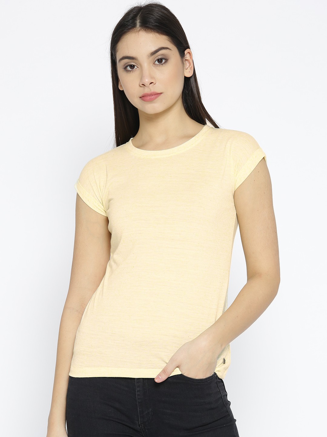 

Pepe Jeans Women Yellow Solid Round Neck T-shirt