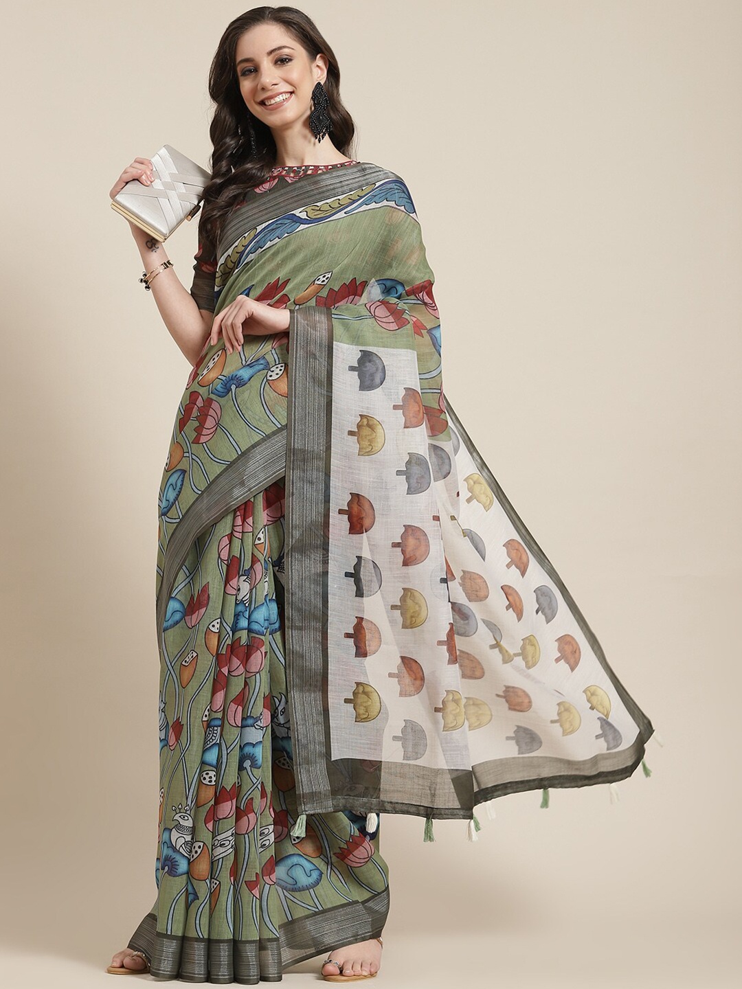 

Mitera Floral Print Zari Linen Blend Saree With Blouse Piece, Green