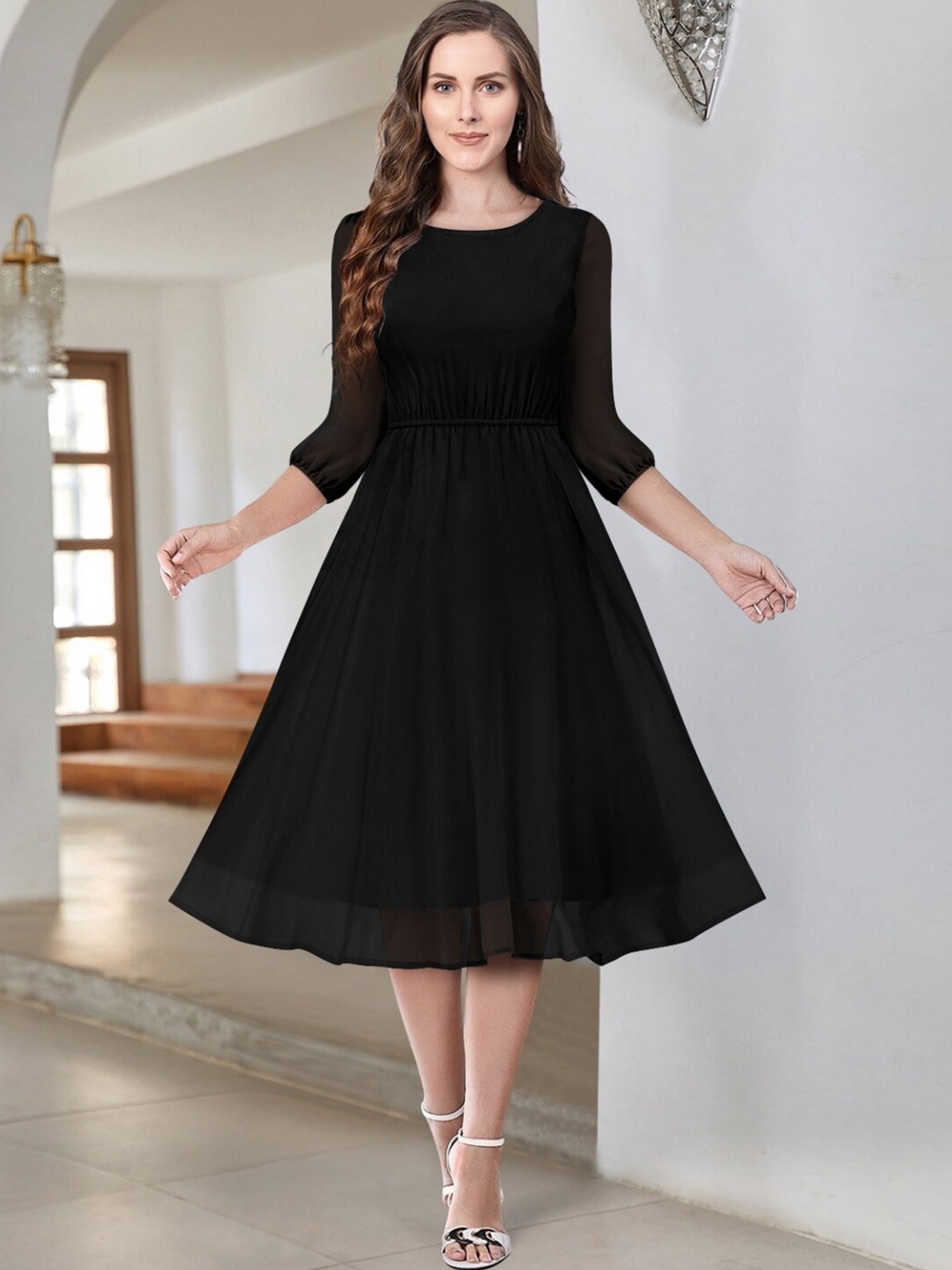 

KERI PERRY Round Neck Puff Sleeves Gathered Fit & Flare Midi Dress, Black