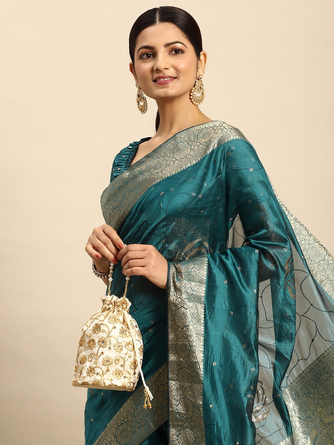 

Mitera Embellished Sequinned Pure Silk Saree, Teal