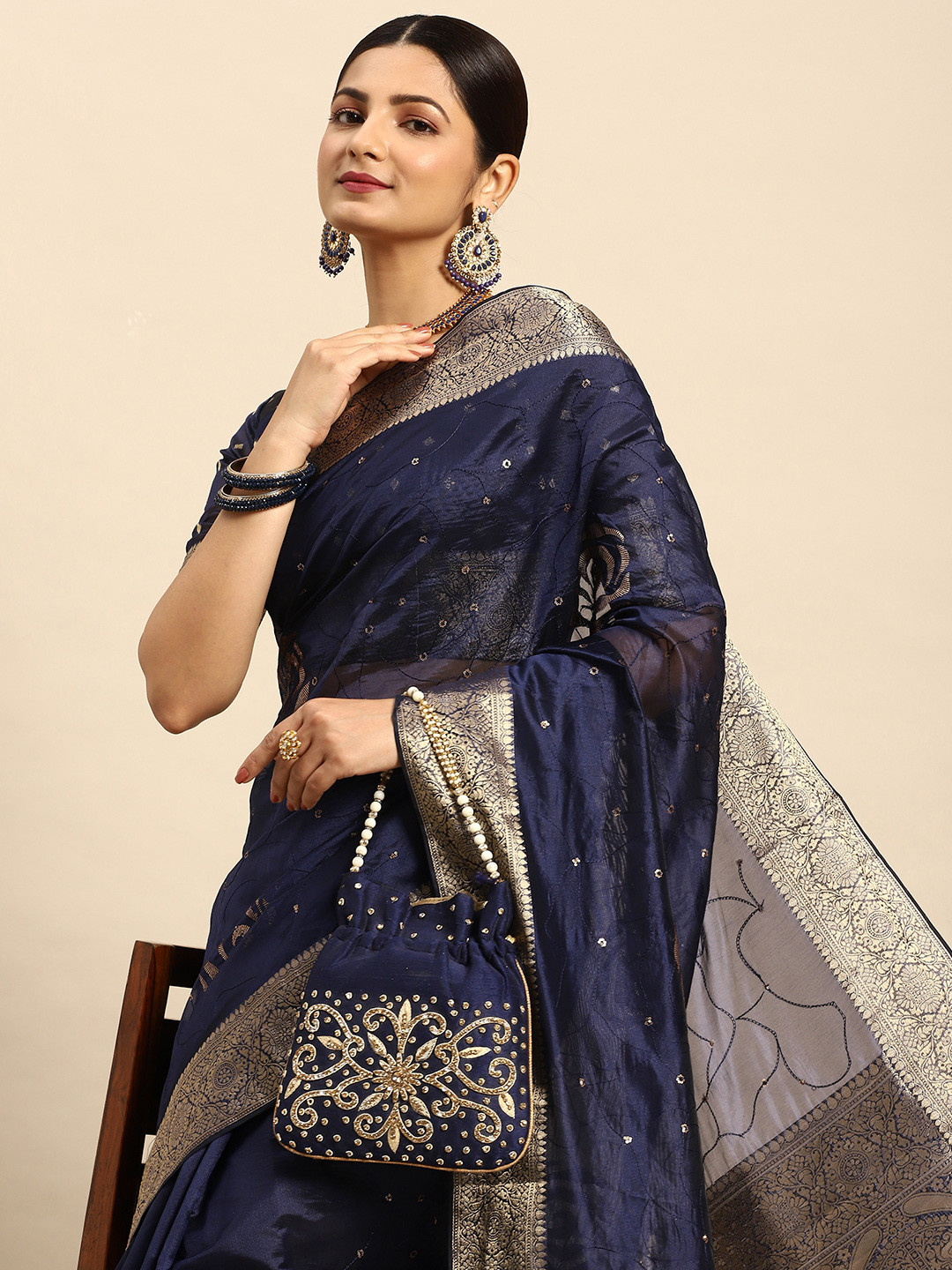 

Mitera Embellished Sequinned Pure Silk Saree, Navy blue