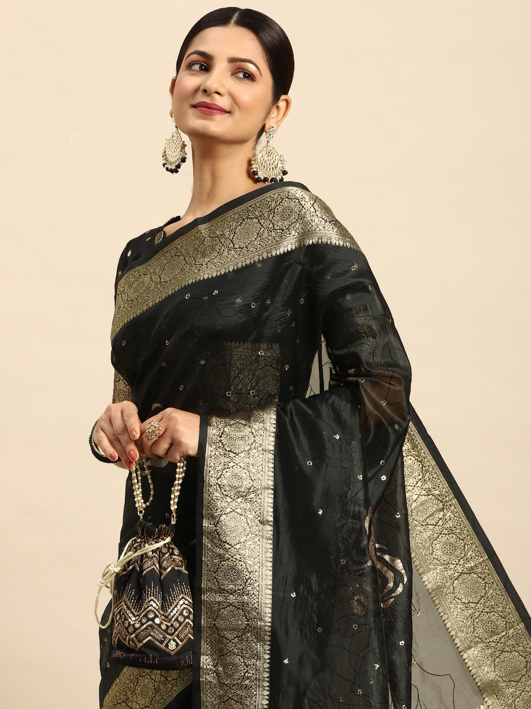

Mitera Embellished Sequinned Pure Silk Saree, Black