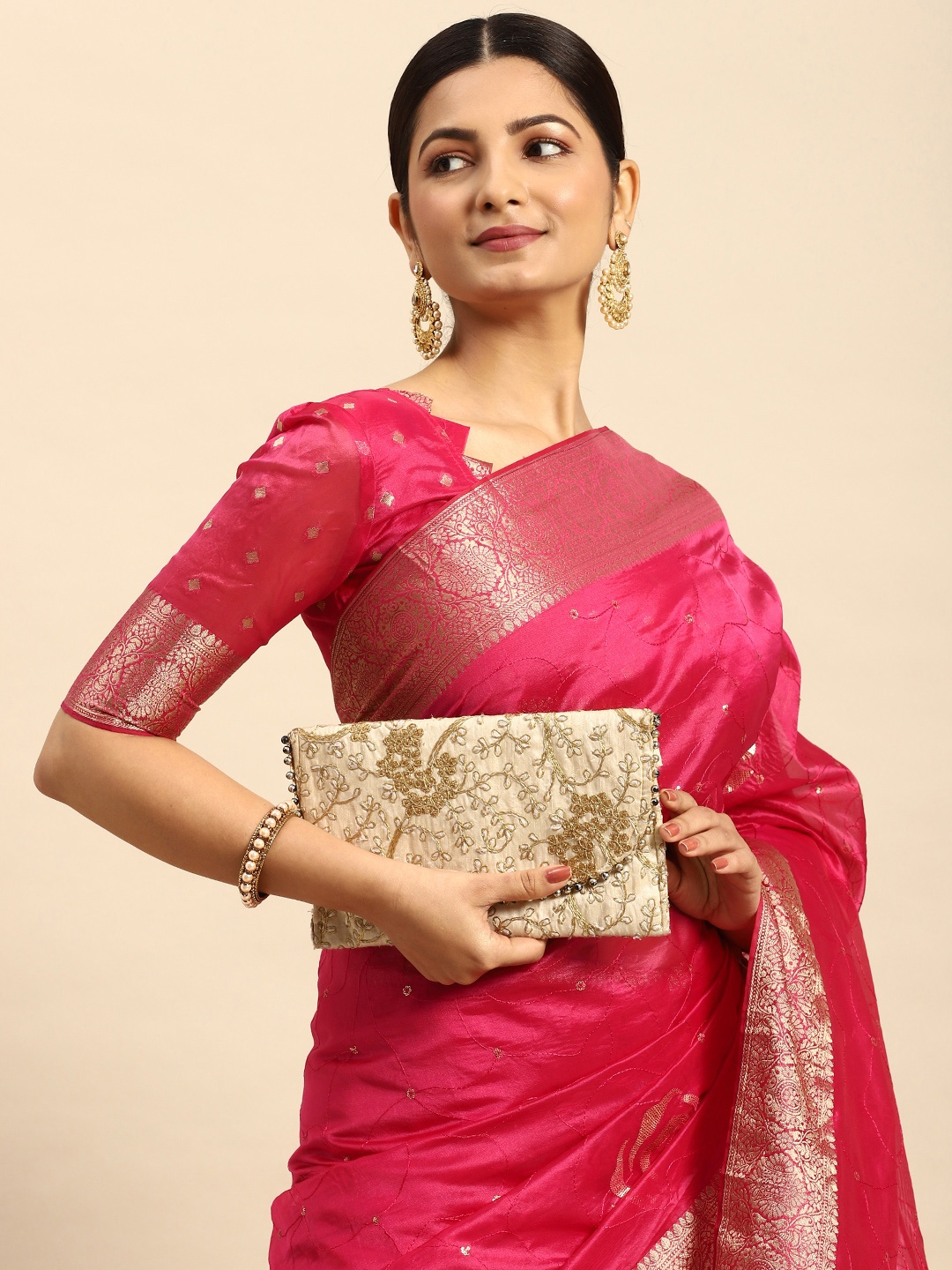 

Mitera Floral Sequinned Pure Silk Banarasi Saree, Pink