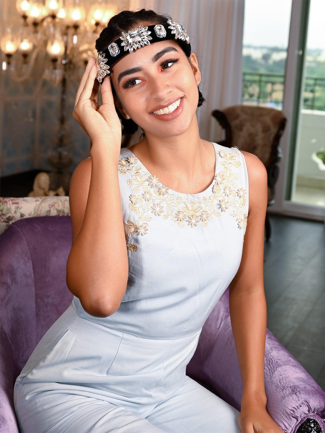 

ODETTE Women Crystal Stone Beaded Embellished Hairband, Silver