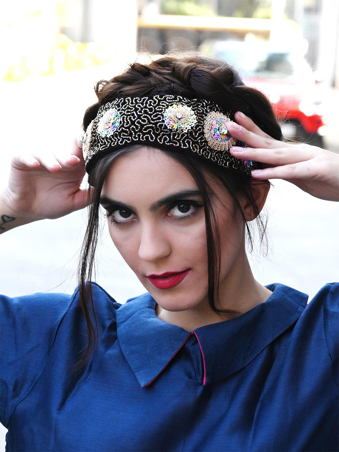 

ODETTE Tickle And Dark Embellished Velvet Hairband, Black