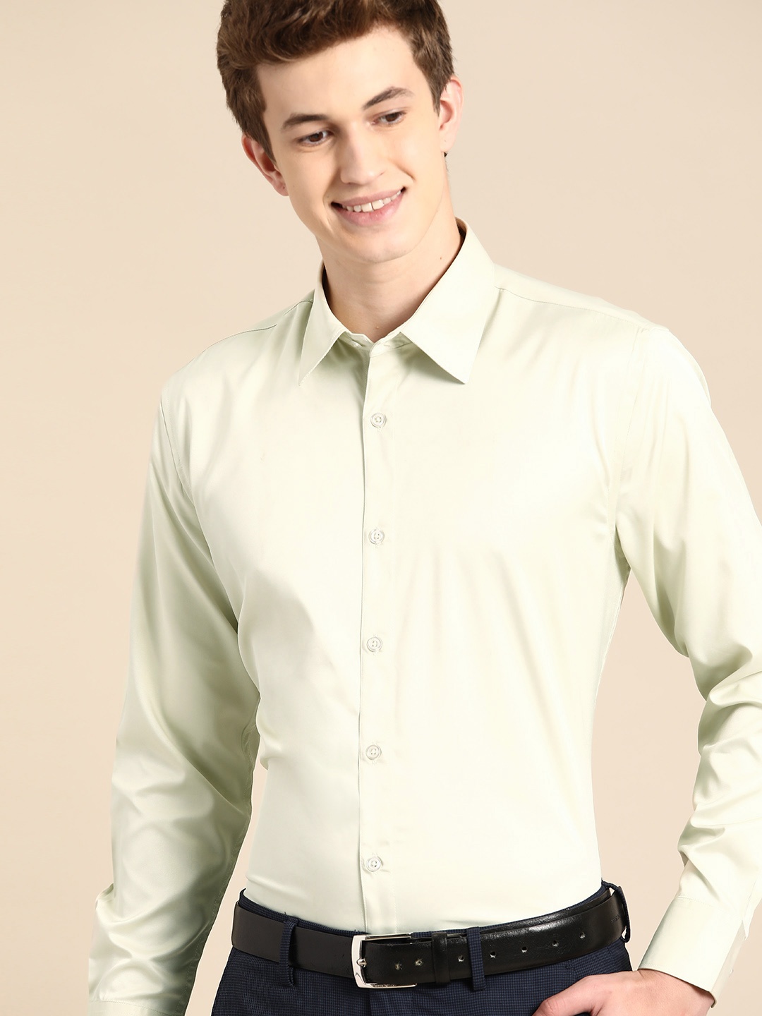 

DENNISON Men Smart Slim Fit Opaque Satin Formal Shirt, Green