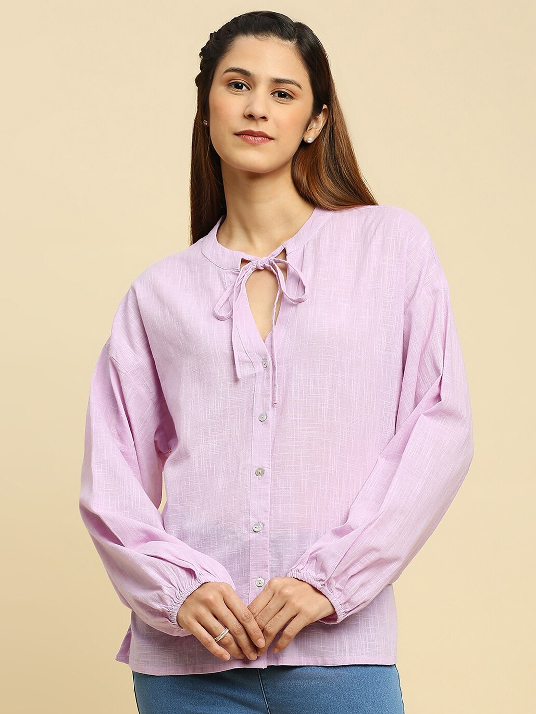 

INDYES Tie-Up Neck Cotton Shirt Style Top, Lavender