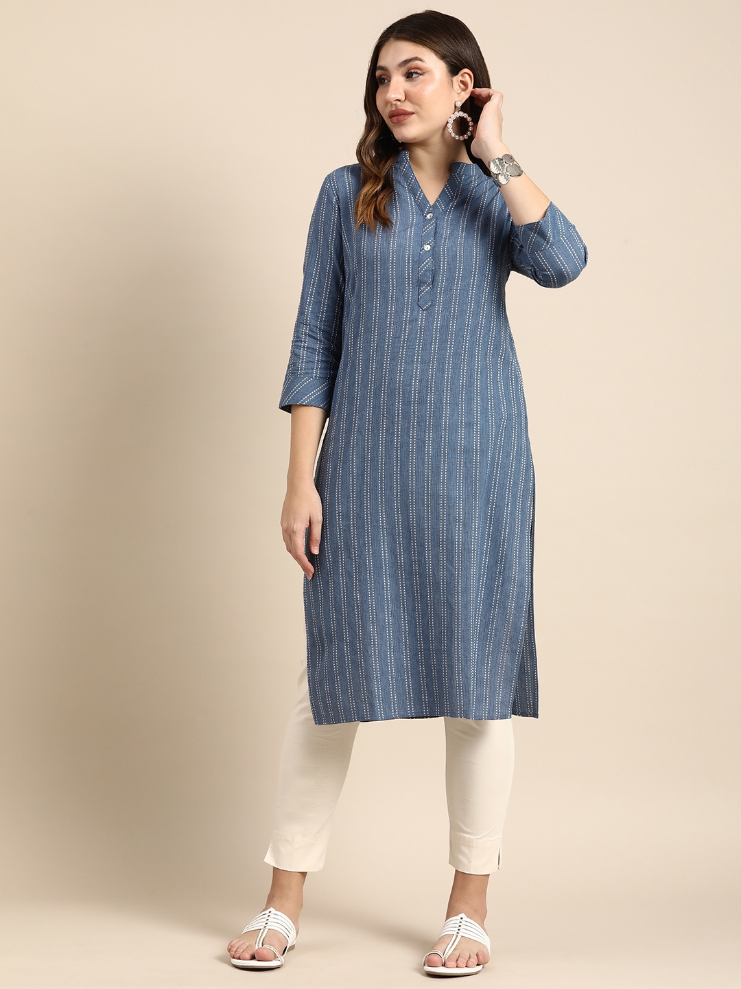 

Anouk Women Striped Cotton Kurta, Blue