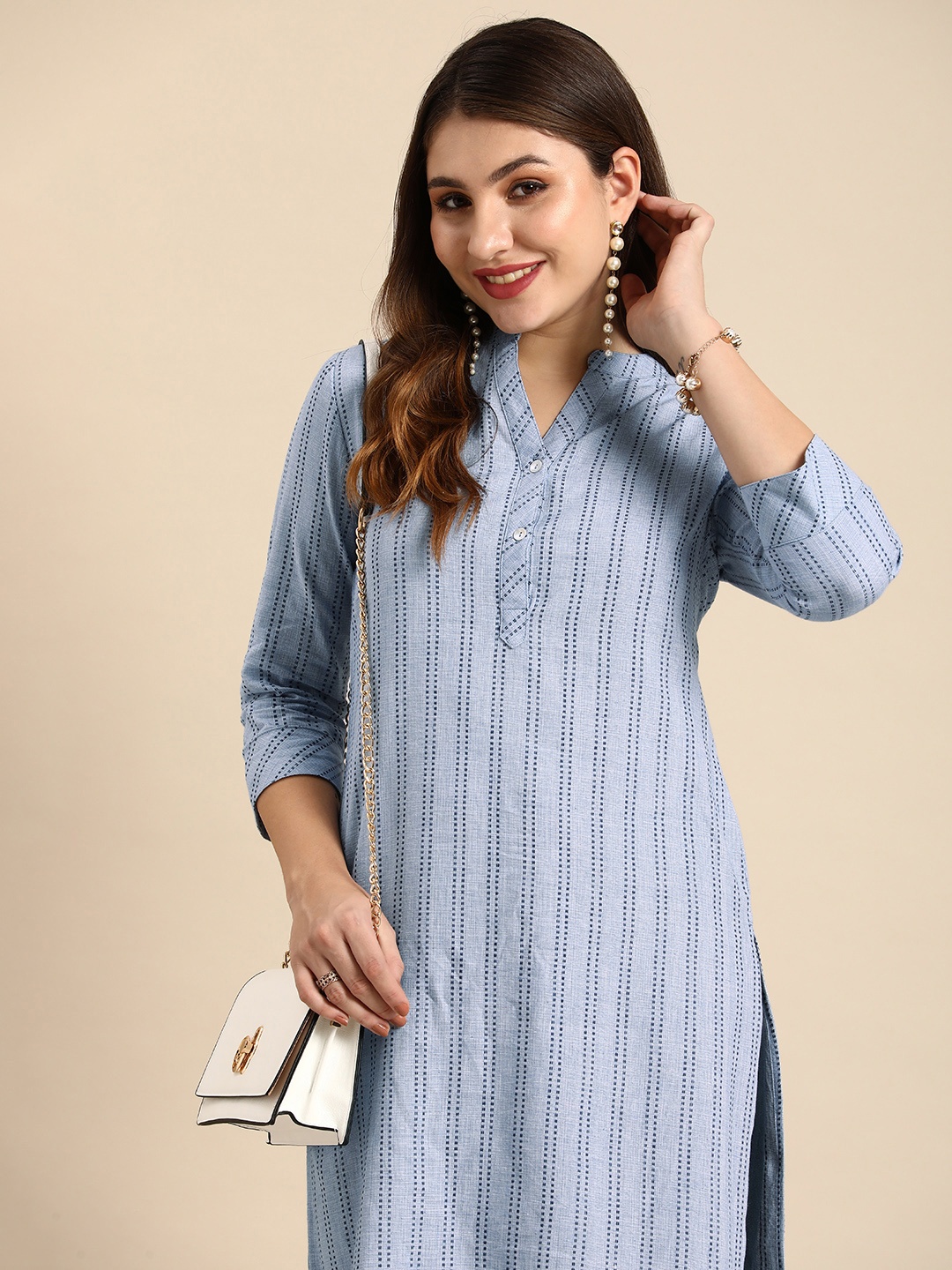 

Anouk Women Striped Cotton Kurta, Blue