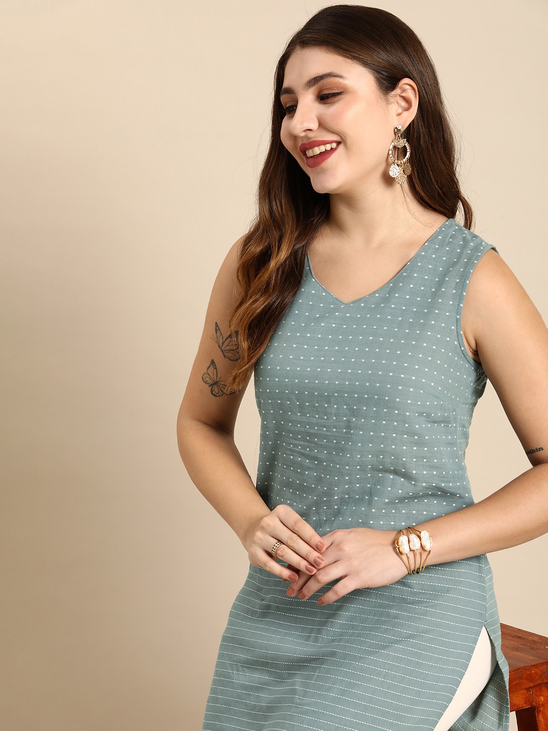 

Anouk Women Geometric Printed Dobby Cotton Kurta, Grey