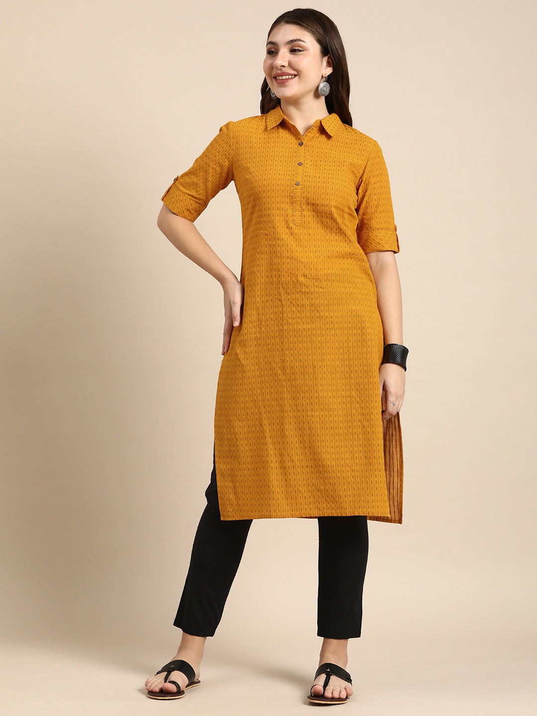 

Anouk Shirt Collar Roll-Up Sleeves Dobby Pathani Pure Cotton Kurta, Mustard