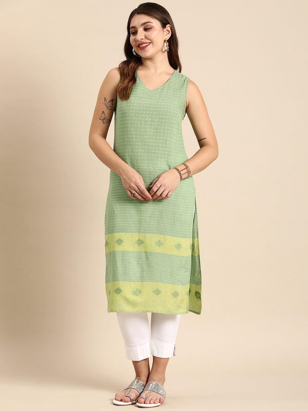 

Anouk Women Geometric Printed Dobby Cotton Kurta, Green