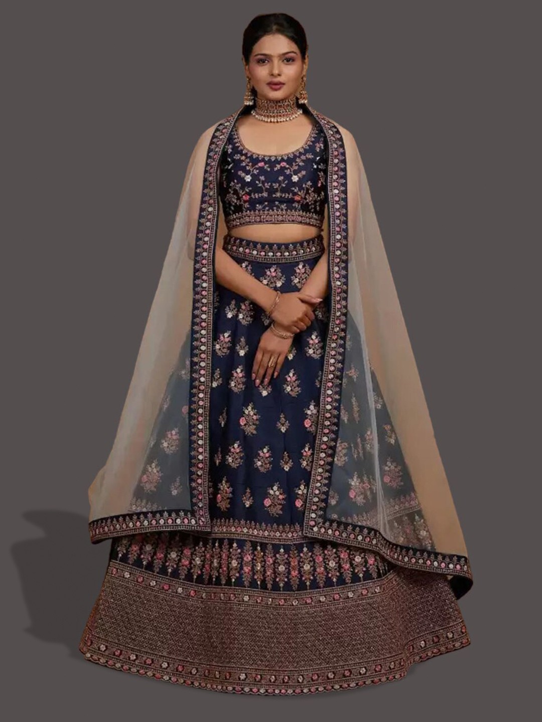 

APNISHA Embroidered Semi-Stitched Lehenga & Unstitched Blouse With Dupatta, Navy blue