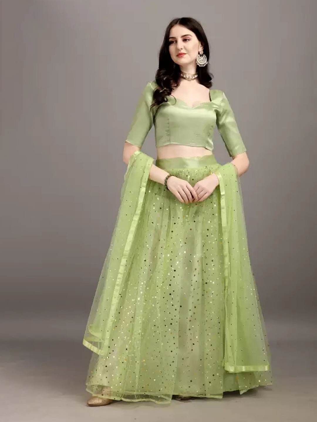 

APNISHA Embellished Semi-Stitched Lehenga & Unstitched Blouse With Dupatta, Lime green