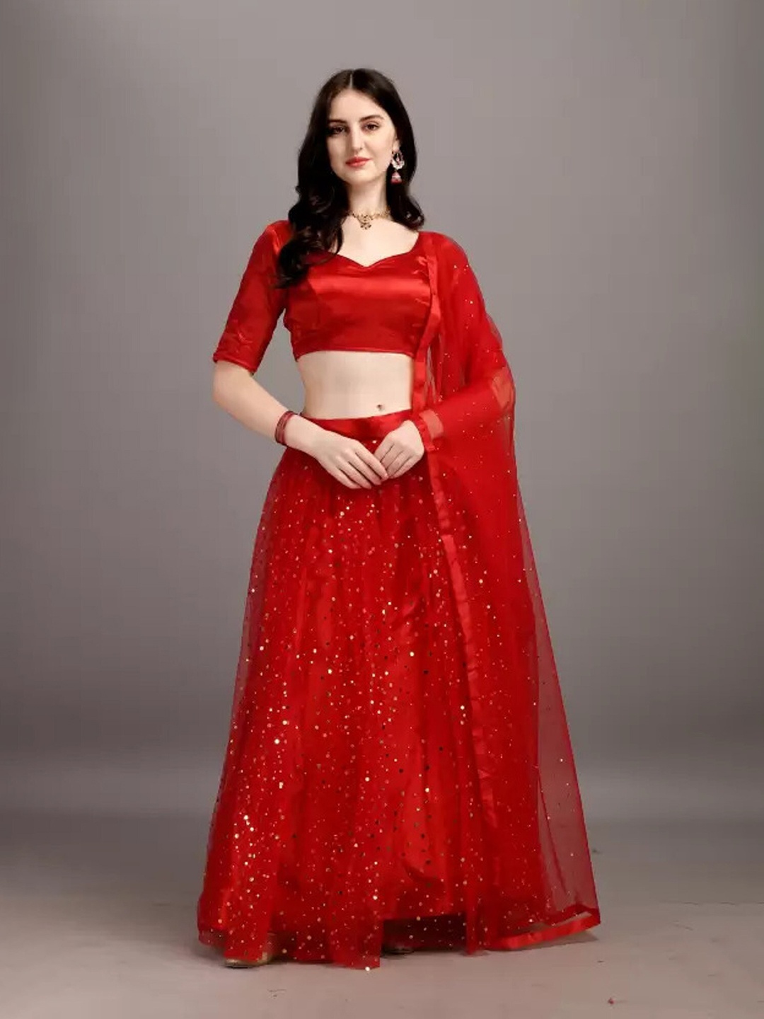 

APNISHA Embellished Semi-Stitched Lehenga & Unstitched Blouse With Dupatta, Red